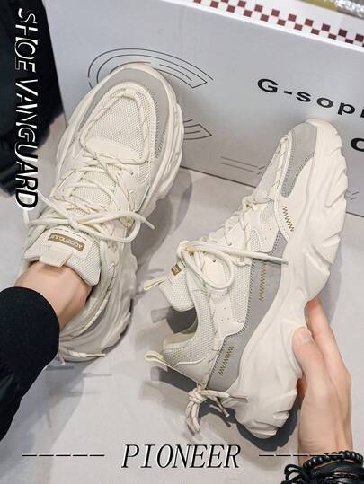 （尺码偏小）男士增高厚底运动鞋，校园时尚系带鞋，字母图案撞色休闲运动鞋，适合搭配牛仔裤和运动服