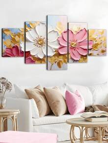 1/5件套牡丹花卉帆布墙画套装 - 现代框画，夏季装饰，农舍风格框画，室内花卉海报，适用于客厅、卧室、餐厅、宿舍 - 春冬季节装饰，卡通图案，木框，母亲节、返校礼物 - 彩色 - 查看 6