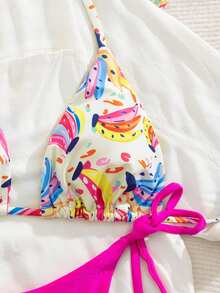 2 piezas Conjunto de bikini de tanga sexy con estampado de playa y patrón, con atar al cuello para mujer, para vacaciones - Rosa Fucsia - Ver 4