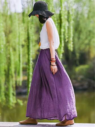 Women's Lavender Purple Vintage Style Maxi Skirt - Breathable Polyester, Loose Fit With Pockets, Spring/Summer Elegant Casual Design