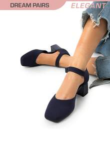 Women's Square Toe Chunky Heels Pumps Ankle Strap Comfortable Knitted Closed Toe Fashionable Elegant Holiday Work Dress Shoes - 黑色 - 查看 1