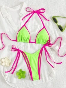 Spring Break Women's Contrast Color Sexy Bandeau Bikini Swimsuit Set, Beach Holiday Vacation Two Pieces - Multicolor - View 7