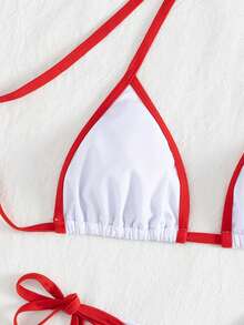 女士撞色绷带性感比基尼泳装套装，海滩度假分体泳装 - 紅白色 - 查看 5