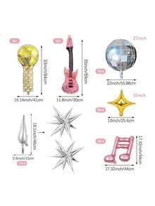 24 件音乐主题派对气球套装 - 麦克风、吉他、迪斯科球、金色音符和星星，适合流行音乐主题、生日派对、80 年代 90 年代嘻哈摇滚派对、歌手表演派对、道具舞蹈装饰 - 彩色 - 查看 7
