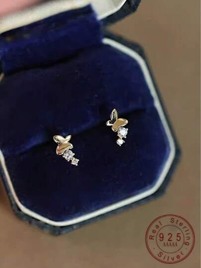 1 para 14k pozłacanych kolczyków ze srebra próby 925 z miniaturowym motylem i cyrkonią dla dziewczynki