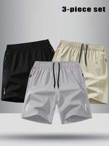 3pcs Men's Summer Sports Shorts, Silky Quick-Drying Casual Fitness Running Shorts