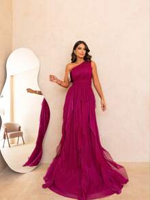 One-Shoulder Layered Bridesmaid Prom Dress - Màu đỏ tía có độ bóng - Xem 2