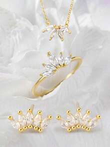 1pc Pure Silver Ring,1pc Pure Silver Necklace, 1 Pair Of Pure Silver Earrings Jewelry Set, Featuring An Anti-Allergenic Design With A Simple Yet Elegant Full-Rhinestone Crown, Highlighting Your Refined, Romantic And Versatile Elegant.