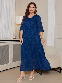 DEARCASE 大码女式深V领荷叶袖多层下摆长裙夏季度假优雅 - 海軍藍 - 查看 3