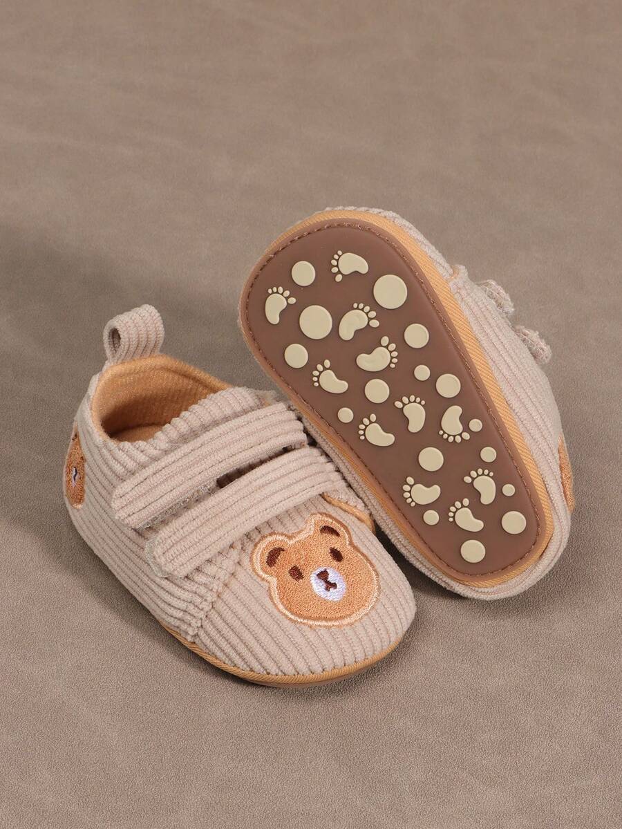 1 Pair Toddler Boys Cartoon Bear Embroidery Hook And Loop Design Flat Non-Slip 0-1 Years Old Casual Indoor Infant First Walker Shoes, Suitable For Spring/Autumn - Apricot - View 1