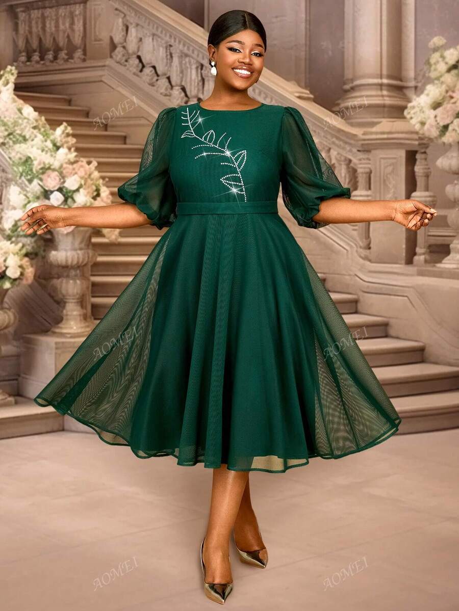 Plus Size A Line Midi Dress, Rhinestone Flower Sheer Half Lantern ...