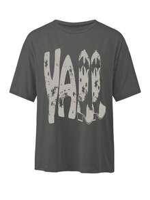 JOYY YALL 西部靴图案T恤，宽松圆领短袖休闲女式上衣，适合日常穿着