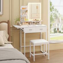 Tomnk 2 Sizes Vanity Desk Set With Mirror LED Lights And Power Outlet, Vanity Desk With Soft Dressing Stool And Drawers, Open Organizer, Dressing Table Bedroom, Home Decor, Bedroom Furniture (Mirror Light Strip Powered By USB Interface) - 查看 7