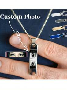 1 pieza Collar con fotografía de ojos personalizados de pareja, colgante con fotografía de ojos y nombre grabados con láser, collar de pareja con letras grabadas con láser, collar de hombre cuadrado de acero inoxidable con perla, regalo de pareja, regalo para el novio, regalo para la novia