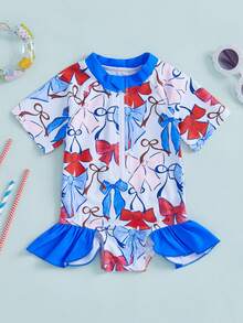 Baby Girl Rash Guard Swimsuits Short Sleeve Round Neck Ruffle Bathing Suit Toddler Swimwear - Blue - View 1
