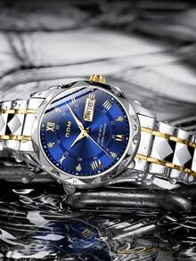 DOM 1pc Men's Business Wrist Watch, Blue Dial, Silver & Gold Steel Strap, With Date Display And Luminous Function, Suitable For Daily Wear, Great Gift For Friends Or Father - Blue - View 8