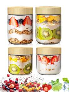 2pcs/4pcs/6pcs 480ml 16.23oz Glass Jars,Overnight Oats Containers With Lids,Kitchen Glass Canisters,Oat Container With Lid,Glass Storage Container Airtight Food Jars With Wood Lids,Glass Cup,Food Storage Containers,Seasoning Jars,Oat Cup,Yogurt Cup,Breakfast Cup,Grain Jar,Salad Cup,Can Enter Dishwasher,For Yogurt - Multicolor - View 1