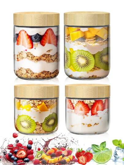 2 Stück/4 Stück/6 Stück 480ml 16,23oz Gläser, Overnight Oats Behälter mit Deckel, Küchen Glas Vorratsdosen, Hafer Behälter mit Deckel, luftdichte Glas Vorratsbehälter mit Holzdeckeln, Glas Becher, Lebensmittel Aufbewahrungsbehälter, Gewürz Gläser, Hafer Becher, Joghurt Becher, Frühstücks Becher, Getreide Glas, Salat Becher, spülmaschinenfest, für Joghurt