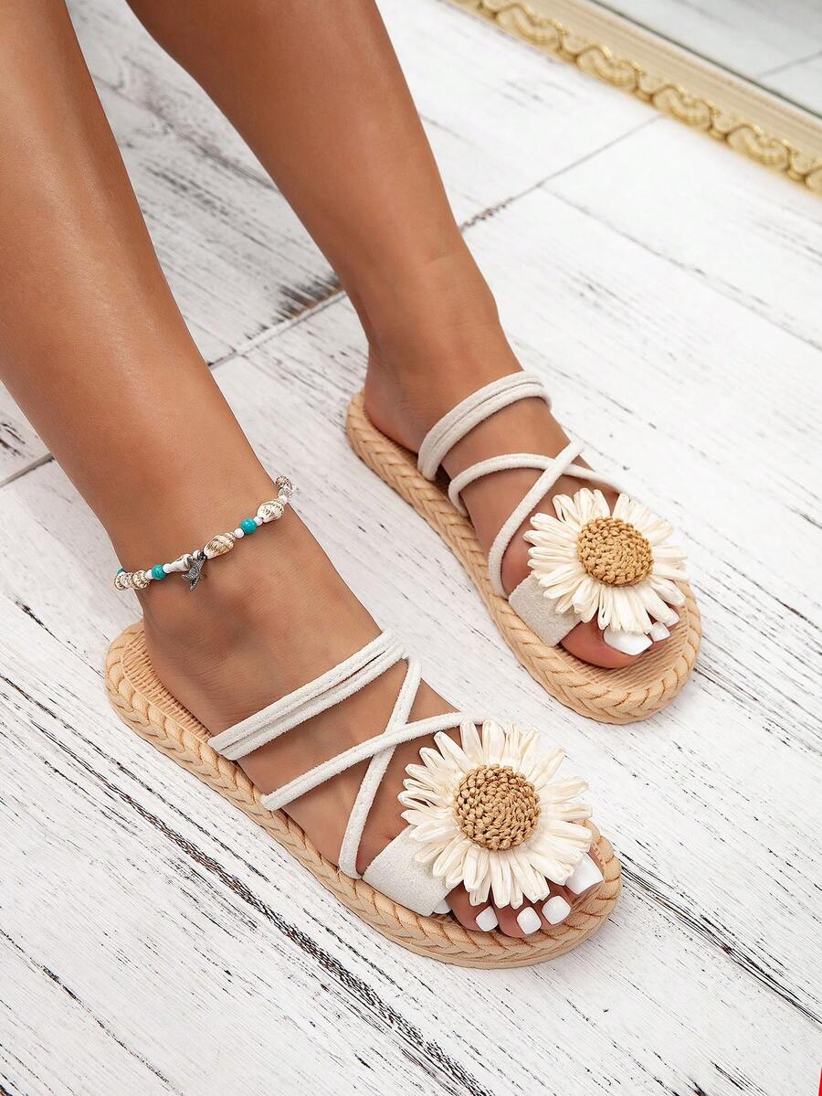 女士花卉凉鞋，夏季休闲沙滩草编平底拖鞋 - 米色 - 查看 1
