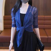 1件女士纯色蕾丝网纱披肩，轻盈透气长袖开衫，适合日常通勤、驾车和旅行 - 彩色 - 查看 6