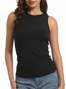 hupos Women's Sleeveless Ribbed Tank Top High Neck Casual Basic Fitted Tank Top - màu đen - Xem 3