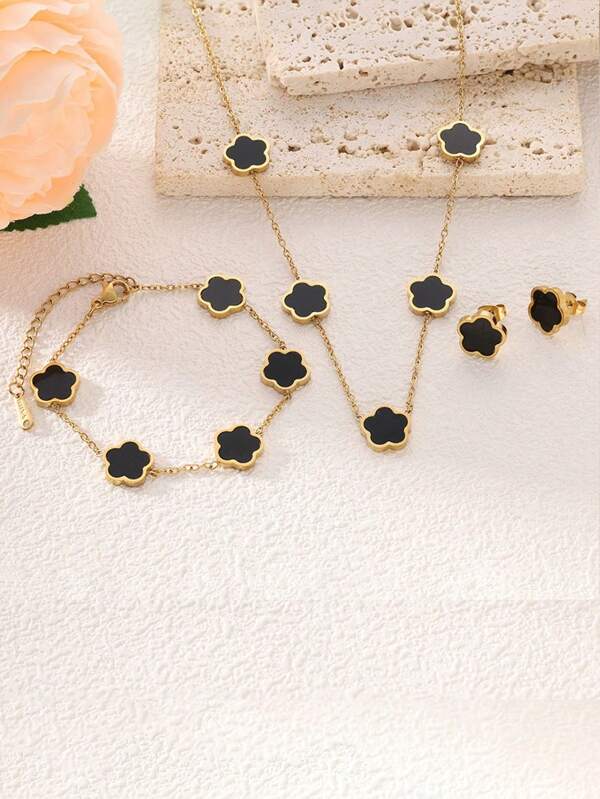 3 peças de colar, pulseira e brincos de flor de 5 folhas de aço inoxidável 316L minimalistas, design unissex e de casal