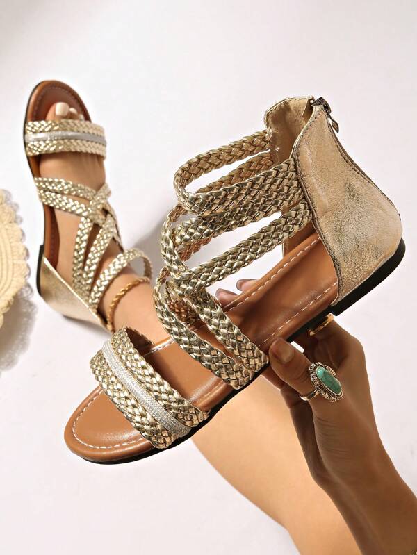 Sandalias planas de estilo romano para mujer, sandalias casuales cómodas para la playa/ir al trabajo con cremallera trasera, sandalias romanas de suela suave de moda