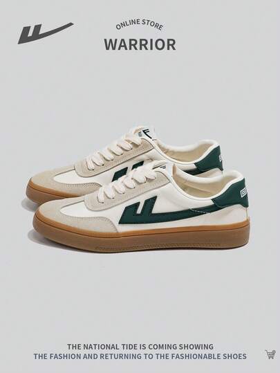 WARRIOR 女士运动前系带滑板鞋，时尚百搭，舒适防滑休闲低帮拼色运动鞋