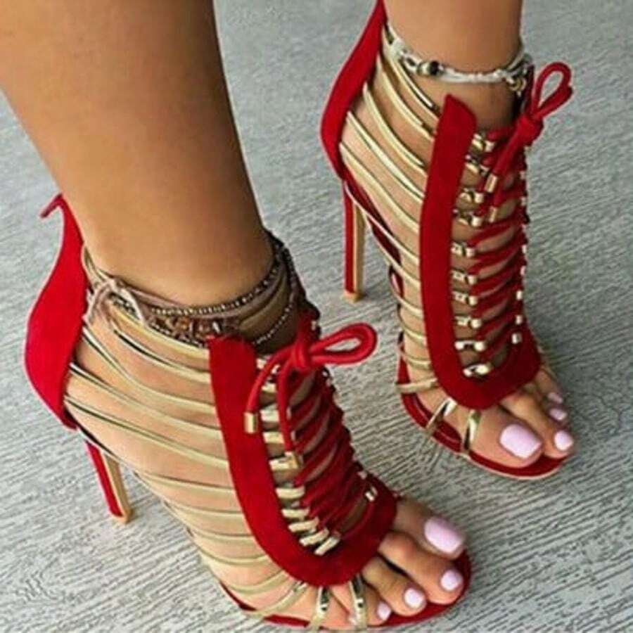 Women's Tassel Lace-Up Heeled Sandals Stylish High Heels In Red & Black - 紅色 - 查看 1