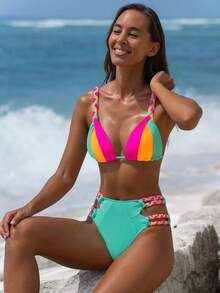 popvil Triangle Braid Color Block Side Cutout Bikini Set For Beach Vacation Pool Party - Green - View 3
