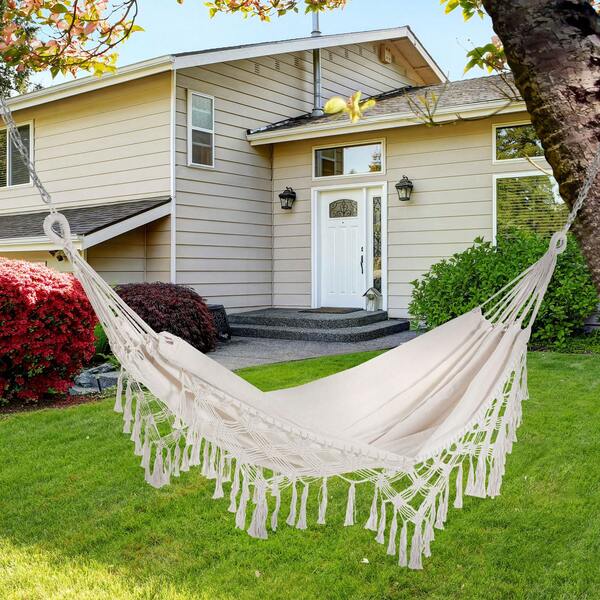 Outsunny Amaca da Giardino Sospesa 288x150 cm, Capacità 120 kg, Amaca Campeggio in Tela con Frange Stile Boho, con Borsa da Trasporto, per Campeggio, Giardino, Balcone, Patio e Spiaggia, Crema