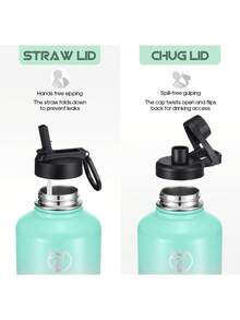 UKEIN Half Gallon Water Bottle With 2 Lids(Chug Lid And Straw Lid),64oz Insulated Water Bottle With Straw, Wide Mouth Double-Wall Vacuum Thermo With Paracord/Protective Carrier Boot - 綠色-粉紅色 - 查看 2