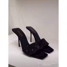 Women's Black Square - Toe Sandals With Rhinestones And One - Strap, High Heel, Summer Slides - Black - View 4