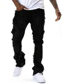 Men's Pocket, Frayed Hem Stretch Skinny Flared Jeans - Black - View 4