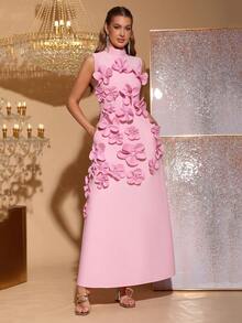 Modphy Nuevo vestido elegante de cuello alto sin mangas con decoración floral 3D, cinta de mariposa, vestido de noche largo para el Día de San Valentín, boda, fiesta, ocasión formal, vestido de invitada de boda, vacaciones de primavera en color rosa - Rosa - Ver 4