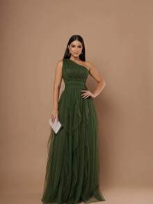 One-Shoulder Layered Bridesmaid Prom Dress - 橄欖綠 - 查看 2