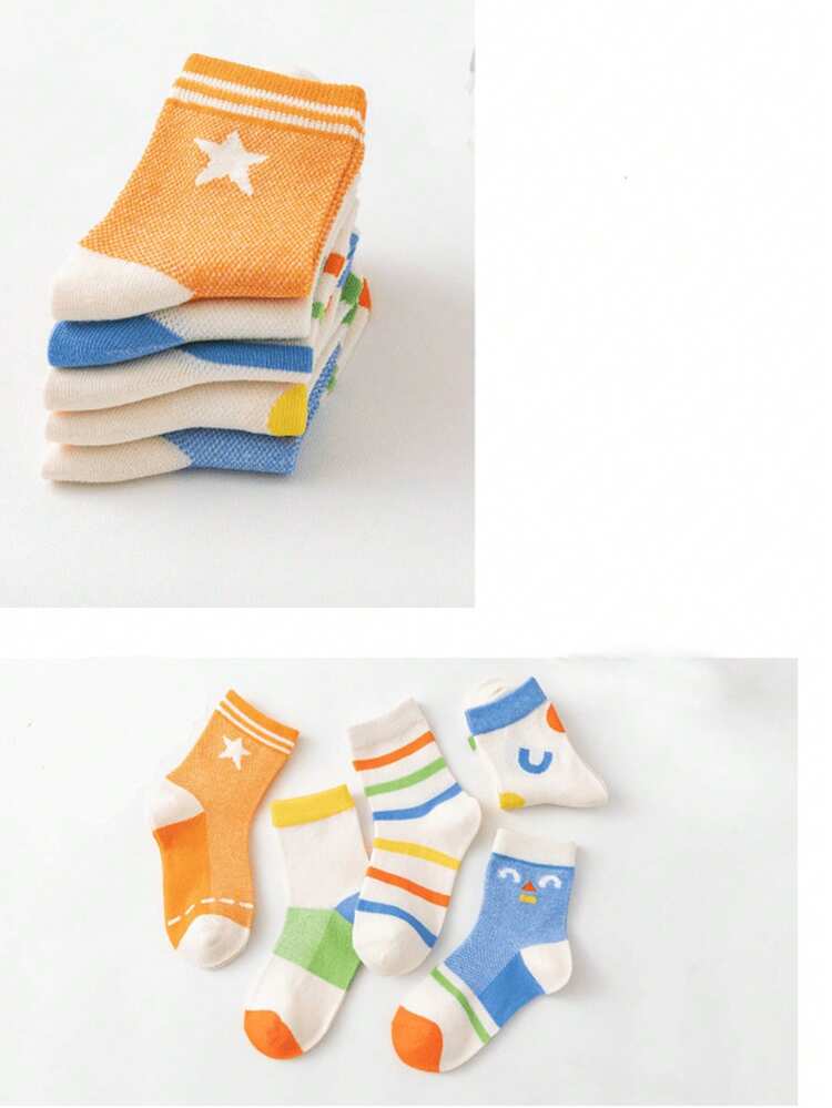 5 Pairs Kids/Children Thin Mesh Candycolor Letter & Striped Pattern Breathable Crew Socks, Suitable For Home & Outdoor, Spring/Summer (Ages 1-12) - Multicolor - View 4