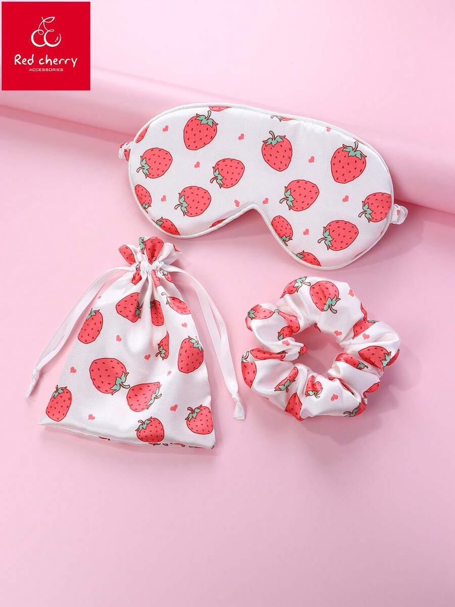 1set Strawberry Printed Hair Scrunchie, Eye Mask, & Storage Bag, Polyester Fabric, Cute Accessory Set For Daily Use - Rose Red - View 1
