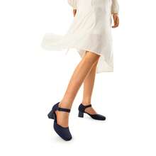 Women's Square Toe Chunky Heels Pumps Ankle Strap Comfortable Knitted Closed Toe Fashionable Elegant Holiday Work Dress Shoes - Màu xanh lam - Xem 7