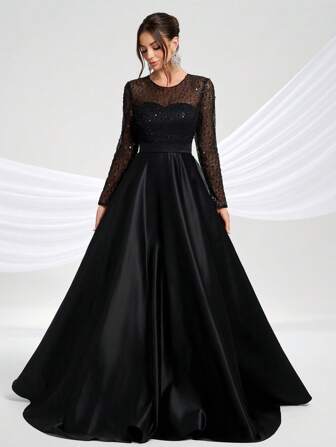 YISIKADO 优雅女士晚礼服正式舞会派对长裙半透明长袖舞会礼服，适合婚礼宾客毕业典礼周年生日宴会晚宴