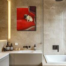 1pc Funny Bathroom Wall Art Framed Wall Art, Wrapped Canvas Poster Vintage Prints, A Pug Sitting On A Red Sofa, Birthday Party Decor, Decorative Wall Art For Living Room Bedroom Office, Hanging Hardware Included - Framed, Vertical - 裱框畫布 - 查看 4