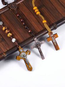 1 Classic Retro Wooden Beaded Cross Pendant Necklace, Unisex Personalized Rosewood Handmade Prayer Bead Jewelry Gift - Pendant Necklace - View 5