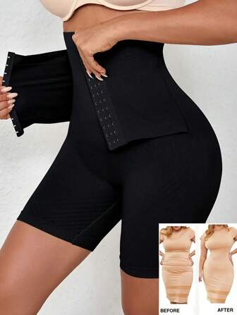 1pc Seamless High Waist Button Closure Boyshort Panty, Postpartum Shapewear To Slim Waist And Lift Buttocks