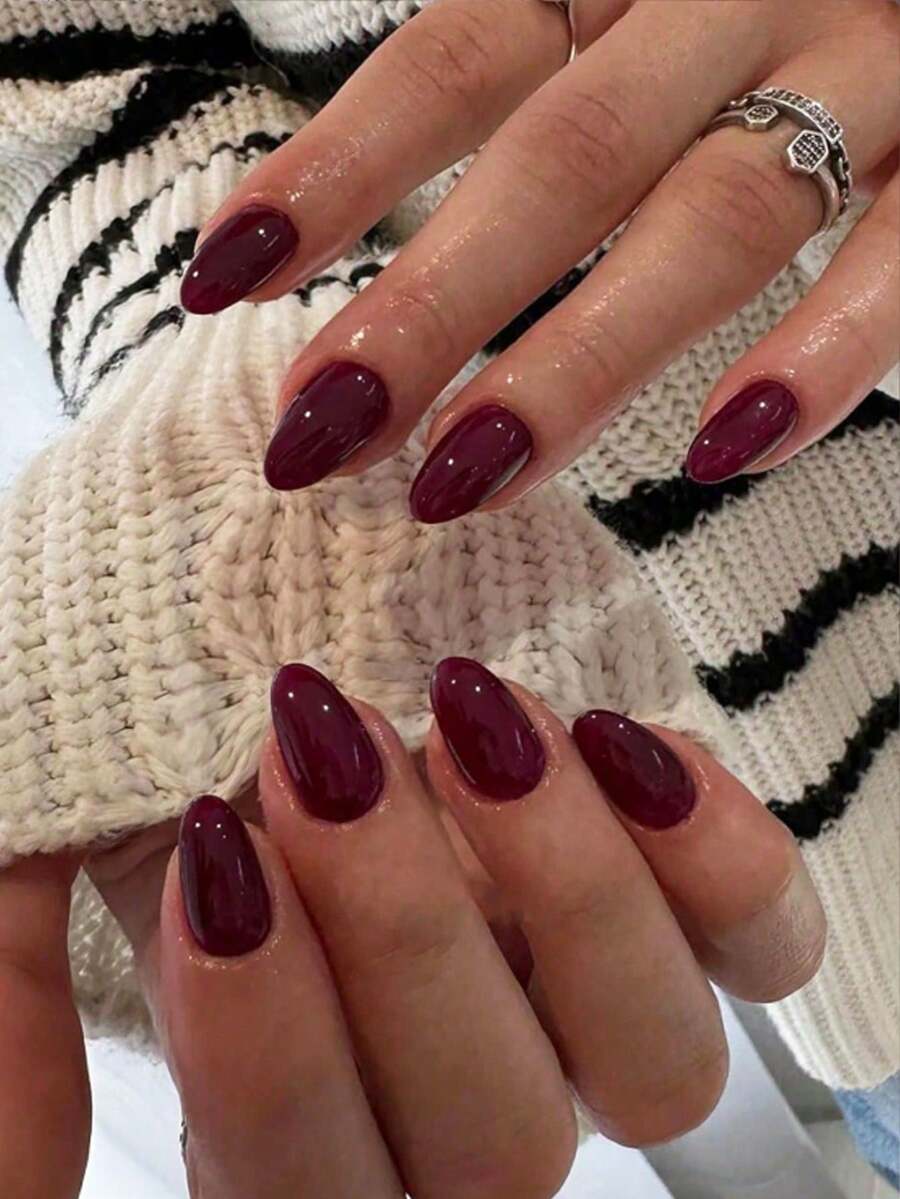 24片装中号杏仁形美甲贴纸,酒红色,简约风格,适合女性、女孩日常佩戴,约会、办公、居家、派对、秋冬季美甲用品 - 酒紅色 - 查看 1