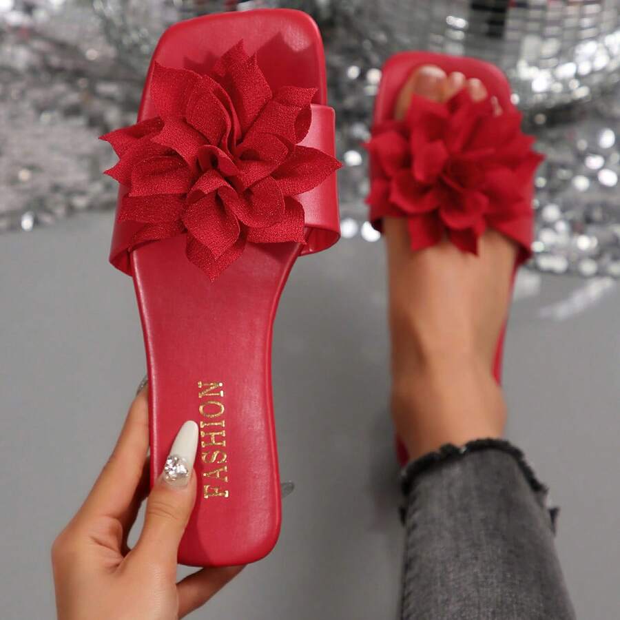 Women's Flat Square Toe Anti-Slip Beach Slide Sandals - Red - View 1