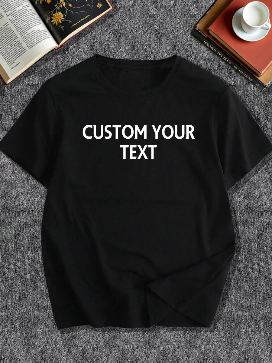 Customized Text Design Men's T-Shirt, Spring/Summer Men's T-Shirt. Input Your Text/Blessing/Fun/Message/Name/Slogan/Company Name. Black Top, Holiday Gift, Valentine's Day/Birthday/Anniversary Text Customization, Team Building, Music Festival, Gift For Him, Father's Day Gift, Party, Black Crew Neck Short Sleeve T-Shirt, Gift For Him, Valentine's Day Gift, Summer Men's Top, Summer Men's T-Shirt