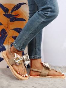 Summer Casual Versatile Flat Linen Bow Decor Sandals, Women Flat French Style Slide Sandals, Beach Slippers