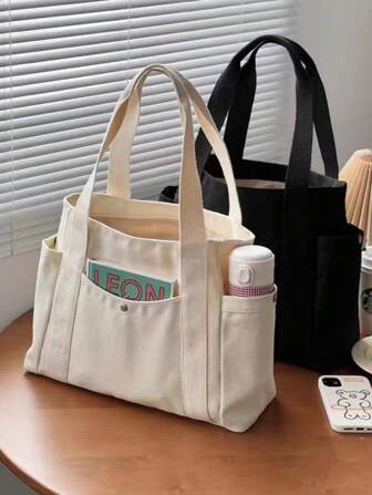1pc Women Multi-Pocket Canvas Tote Bag With Handles, Reusable Large Capacity Handbag, Suitable For Daily Use And Travel, Multiple Compartments, Great For Beach, Work And Everyday