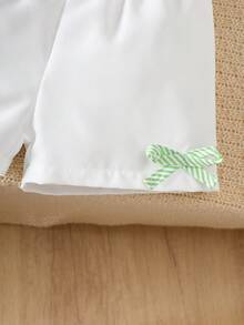 2pcs/Set Baby Girls Cute Cap Sleeve Striped Top And Bow Shorts With Headband, Spring/Summer - Green - View 6