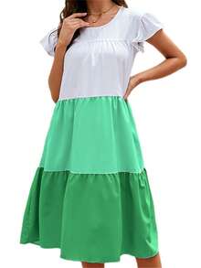 Women Contrast Color Midi Dress Loose Ruffle Sleeve Round Neck Tiered Ruffle Dress Casual Summer Clothes - màu xanh lá - Xem 6